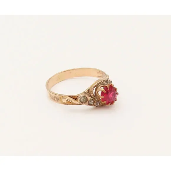 14K GOLD Vintage Victorian Oval Garnet & Real Diamonds Ring Sz 6.5 GR660